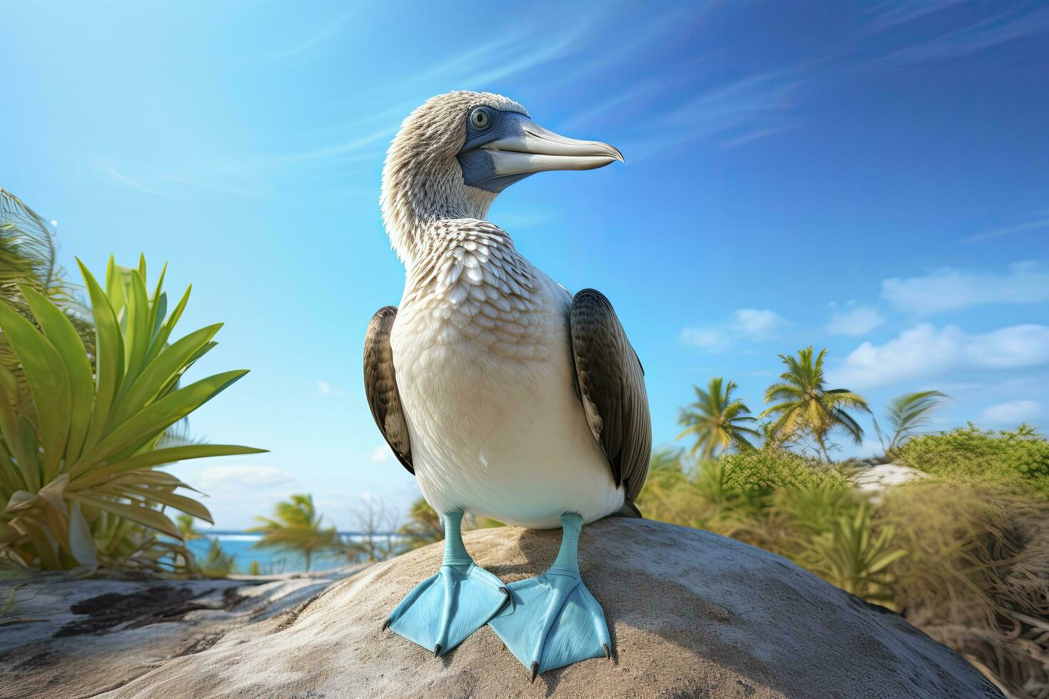 AI generated The rare blue-footed booby rests on the beach. AI Generated photo