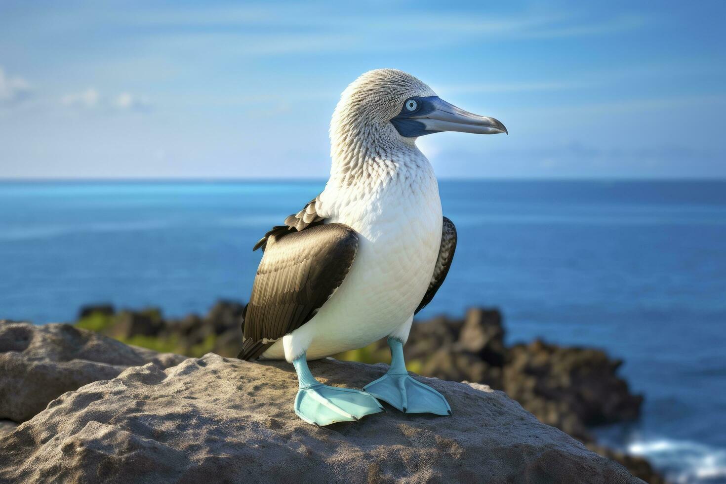 AI generated The rare blue-footed booby rests on the beach. AI Generated photo