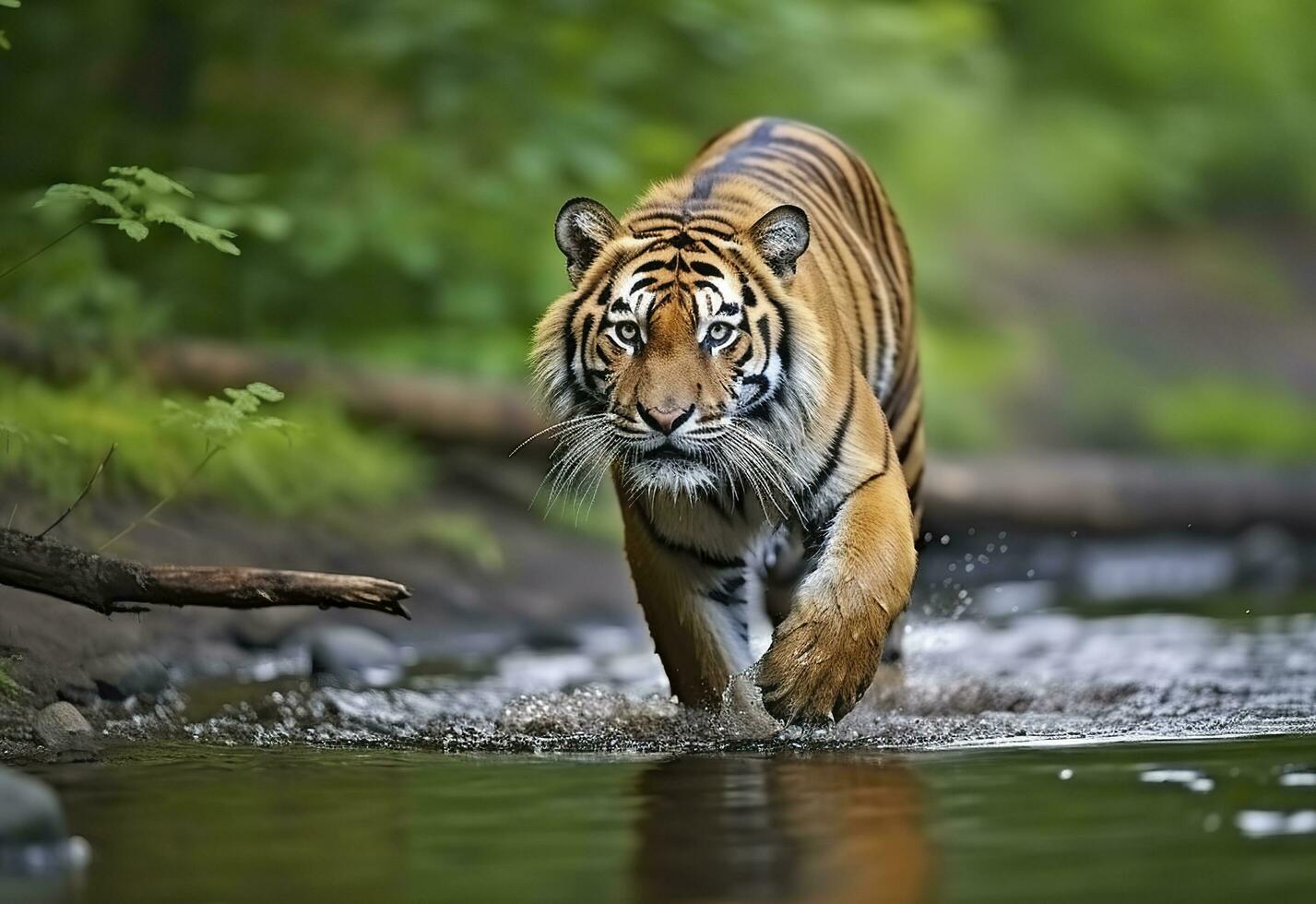 AI generated Amur tiger walking in the water. Dangerous animal.  Animal in a green forest stream. Generative AI photo