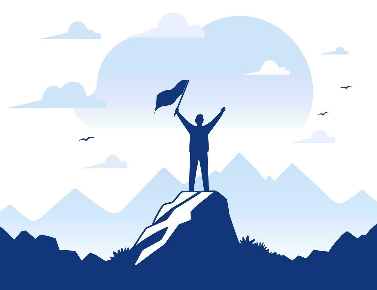 Silhouette of a man, standing on top of a mountain with a raised flag. Flat vector illustration.