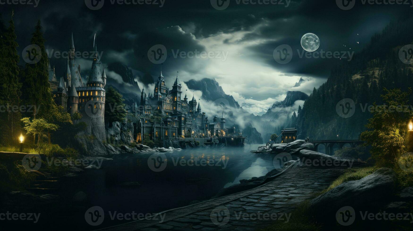 AI generated Fantasy landscape with majestic castle with bridge and moon in night forest. photo