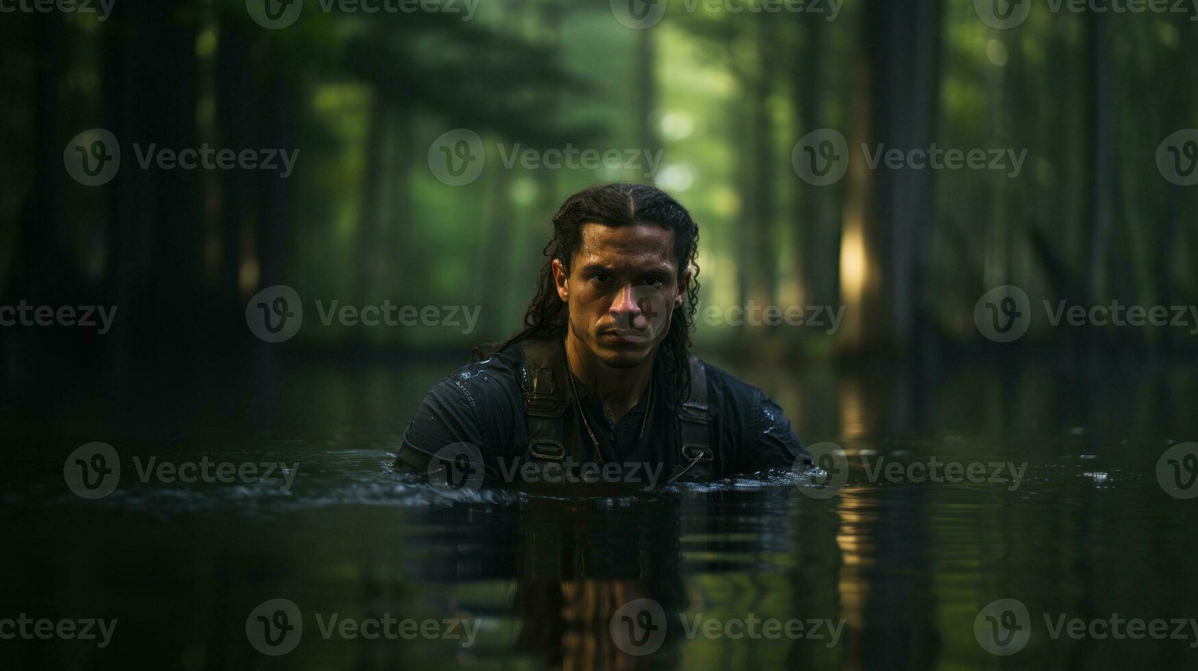 AI generated Portrait of a Melanesian local man in a water in a dark forest. Vanuatu people. photo