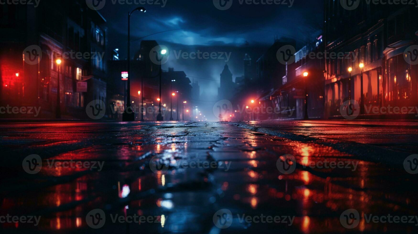 AI generated A view of a moody lights street in the city at night with fog. photo