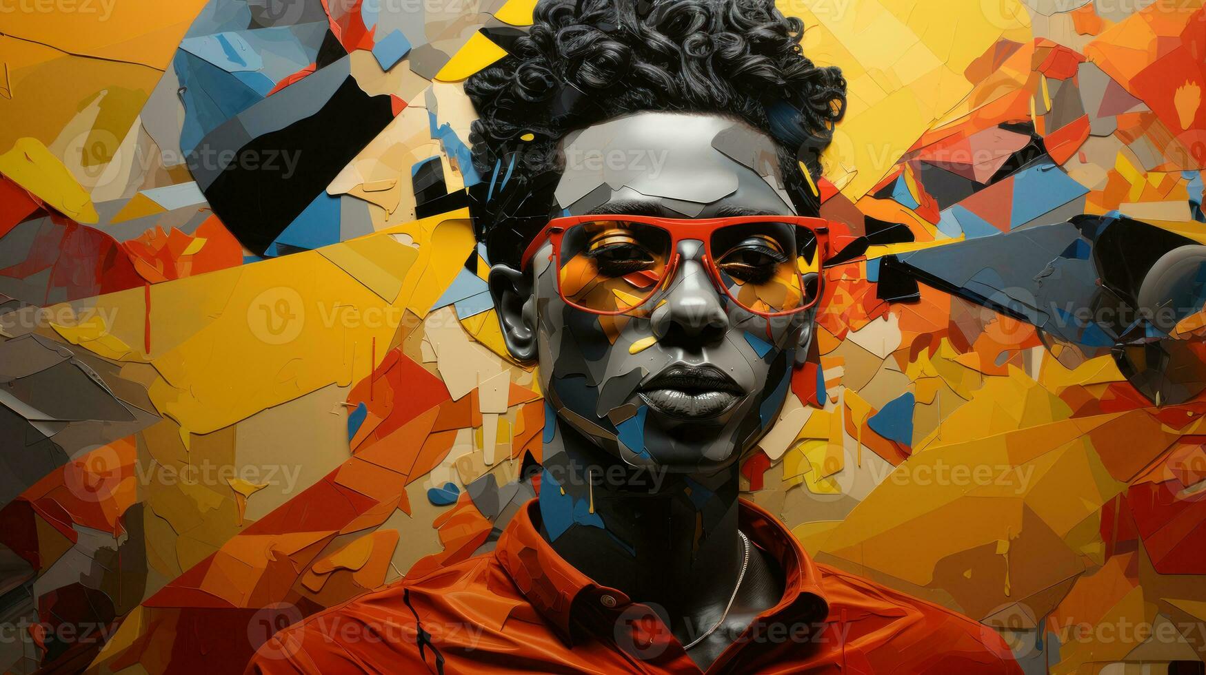 ai generado ilustración de un negro hombre con extraño peinado y Gafas de sol, Arte pintar retrato de africano gente. foto