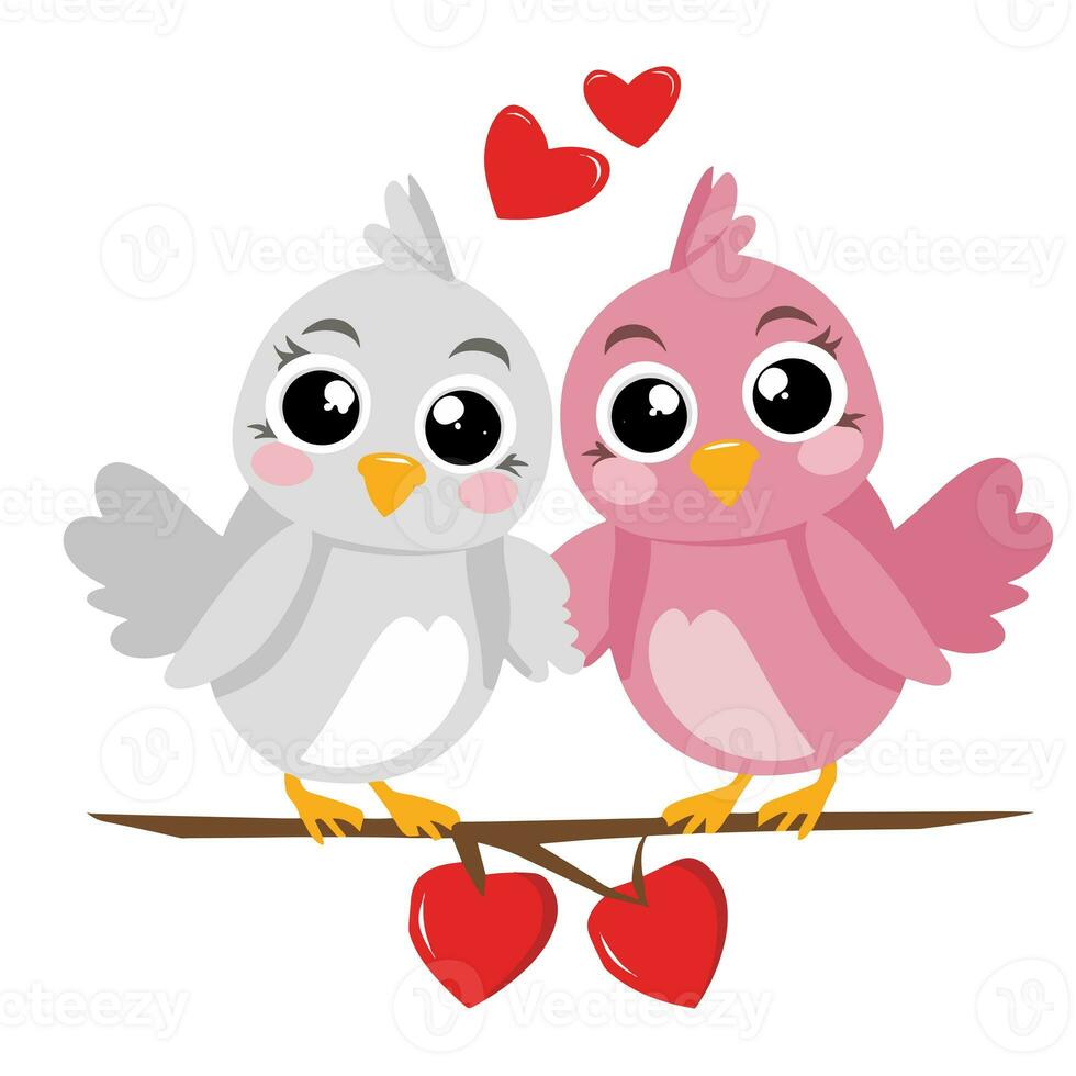 AI generated two birds in love on a twig on a white background photo