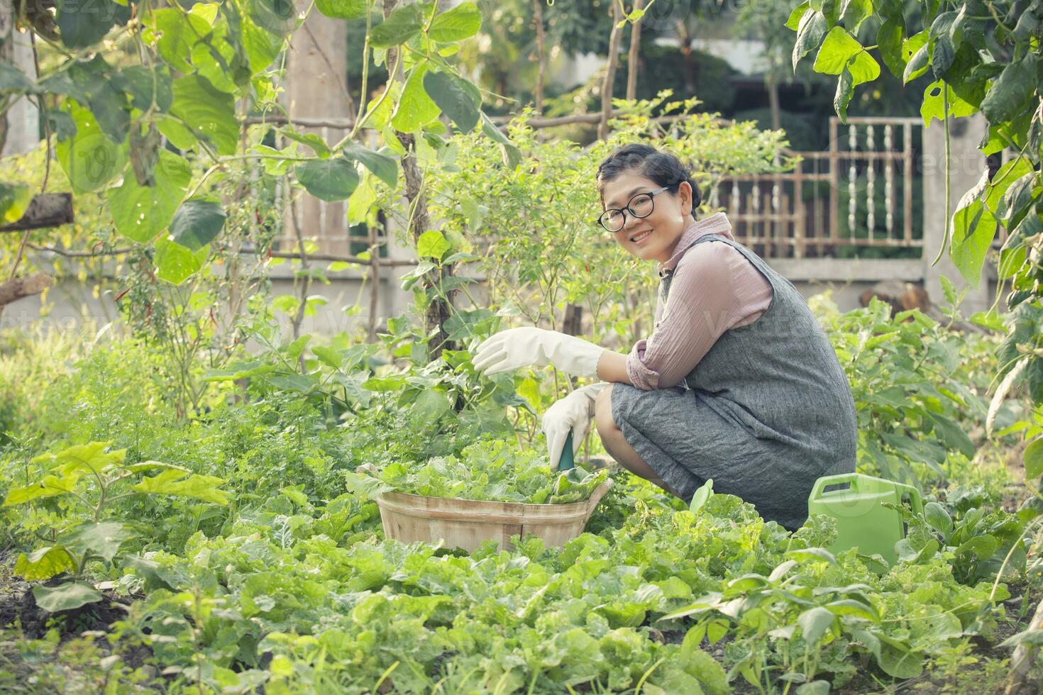 asiático mujer con dientes sonriente cara en hogar jardinería trabajando foto