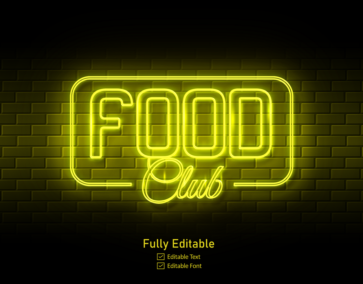 food club neon sign on brick wall background text effect and font for cafe restaurant psd