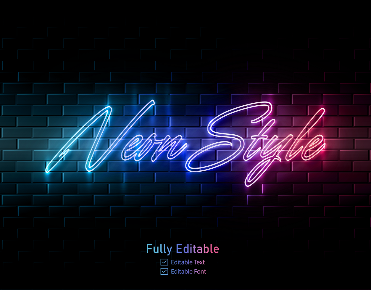 Neon text effect for neon effect logo and and neon light effect for night part lettering typeface psd