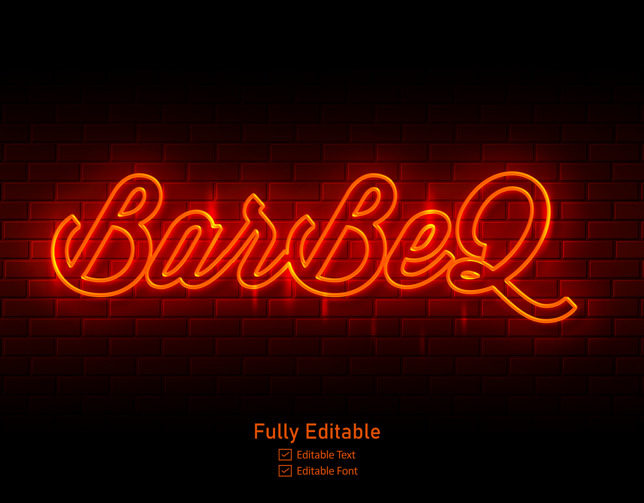 bbq text neon sign on brick wall background text effect and lettering for restaurant psd