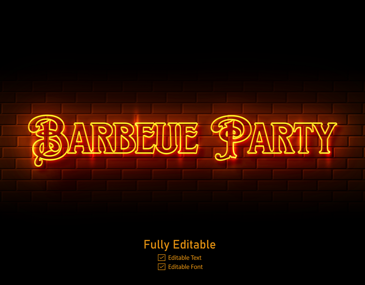 bbq text neon sign on brick wall background text effect and lettering for restaurant psd