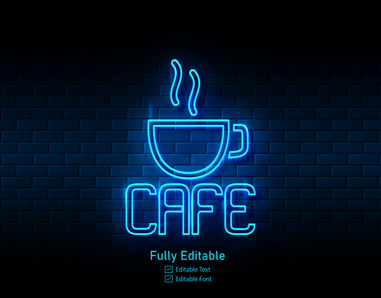 cafe text neon sign on brick wall background text effect editable text for coffee shop and restaurant psd