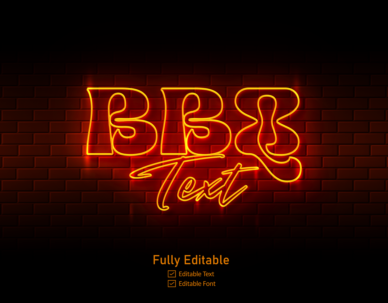 bbq text neon sign on brick wall background text effect and lettering for restaurant psd