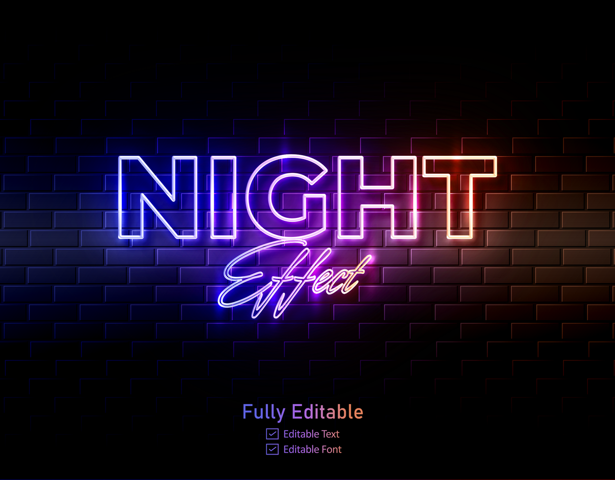 Neon text effect for neon effect logo and and neon light effect for night part lettering typeface psd