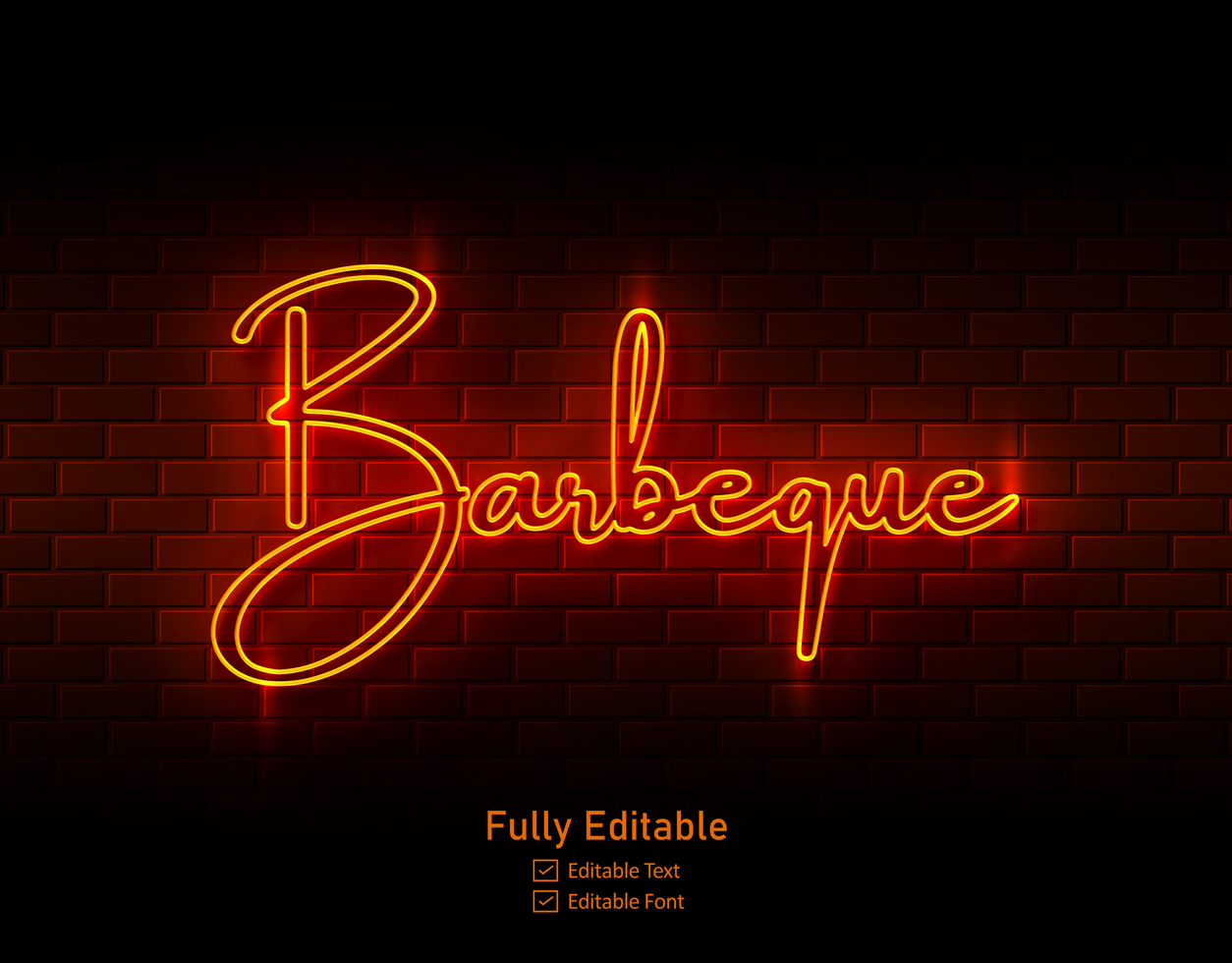 bbq text neon sign on brick wall background text effect and lettering for restaurant psd