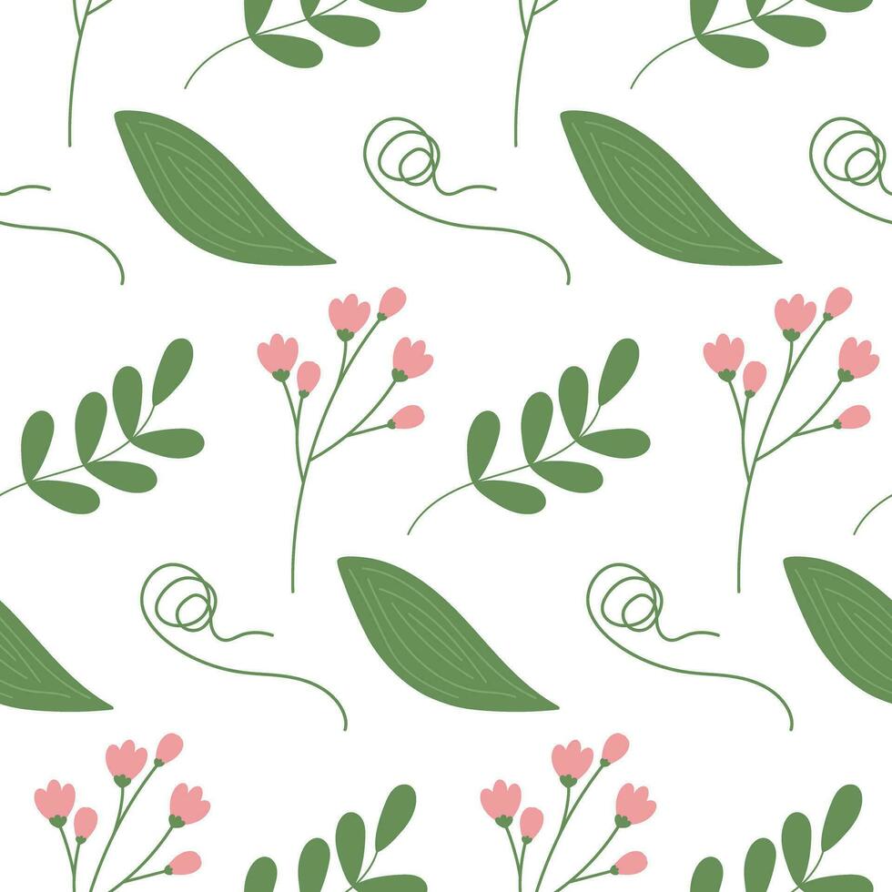 Seamless pattern of flowering twigs, spathiphyllum leaf, curl branch and leaf with small leaves vector