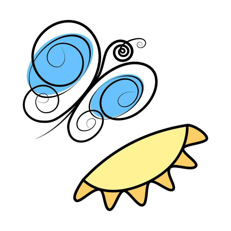 Stylized half sun and butterfly with spots in trendy marker blue shade. Line art design concept vector