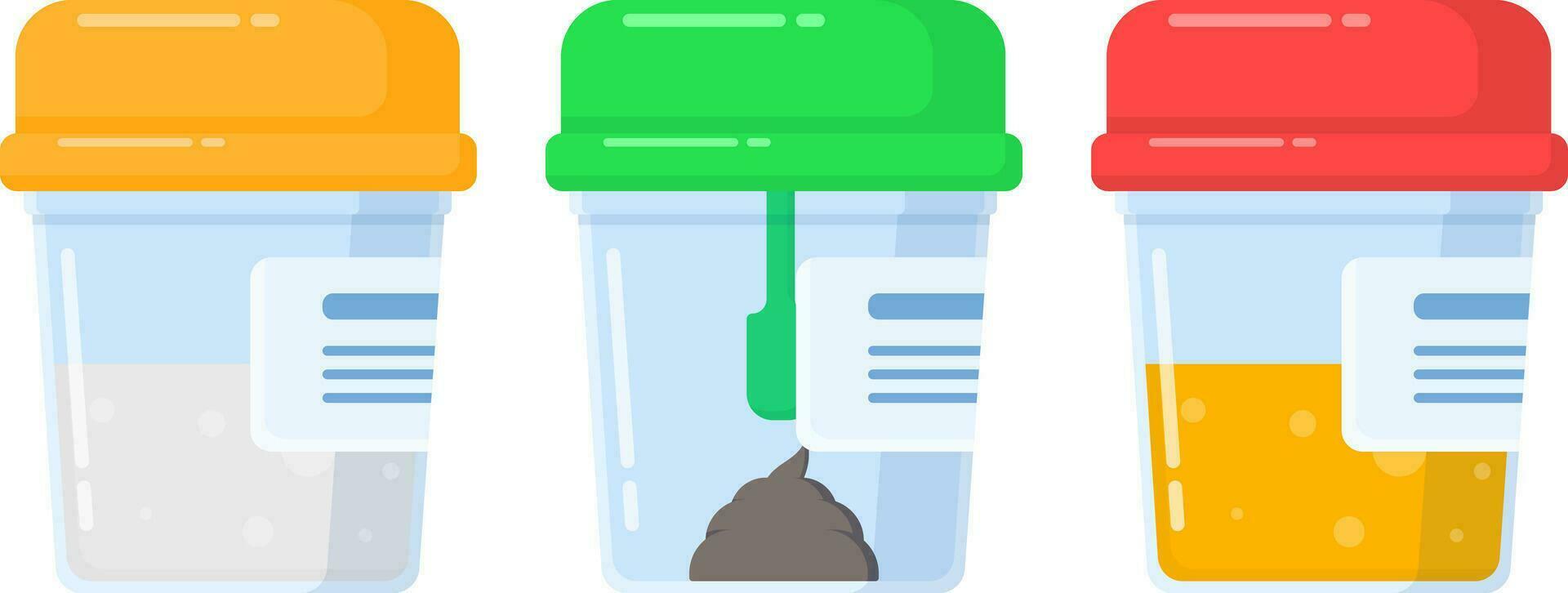 Vector illustration in cartoon style. Test tubes with caps of different colors. Sample cups for analysis. Plastic containers with analysis of biomaterials. Sperm, stool and urine.