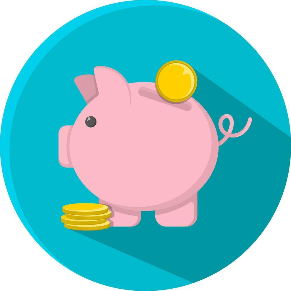 Vector image. Pink piggy bank with coins. Round blue background.