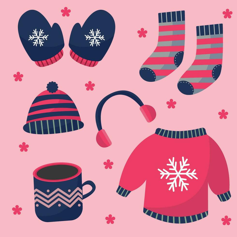 Flat design winter clothes and essentials for christmas vector
