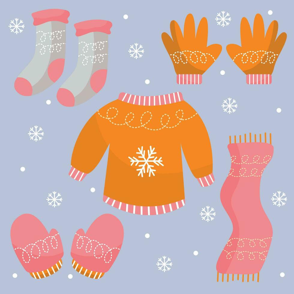 plano diseño invierno ropa y esenciales para Navidad vector