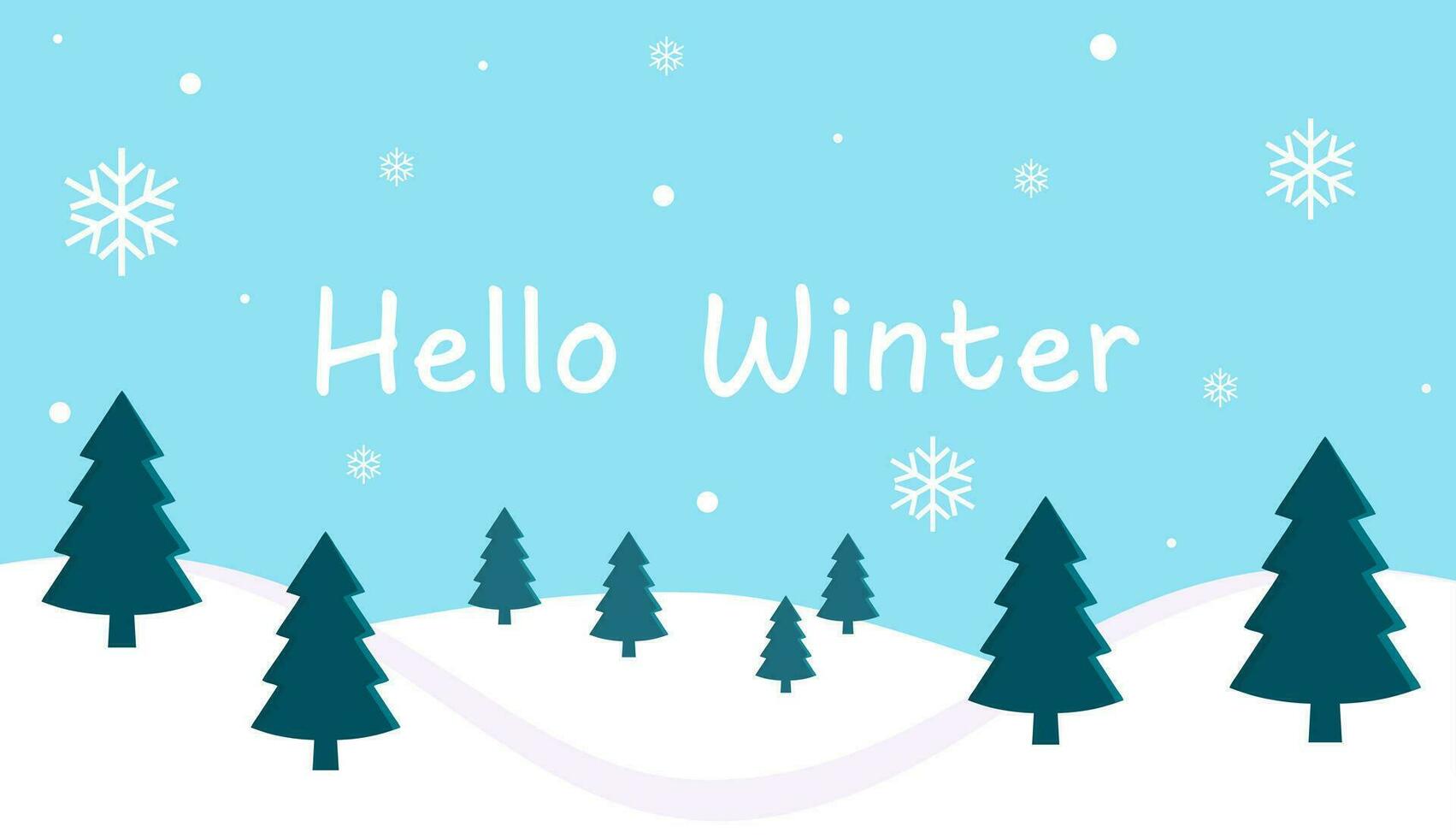 Hola invierno, un azul antecedentes con copos de nieve y árboles, invierno vector fondo, fondo de pantalla ilustraciones con invierno nieve tema