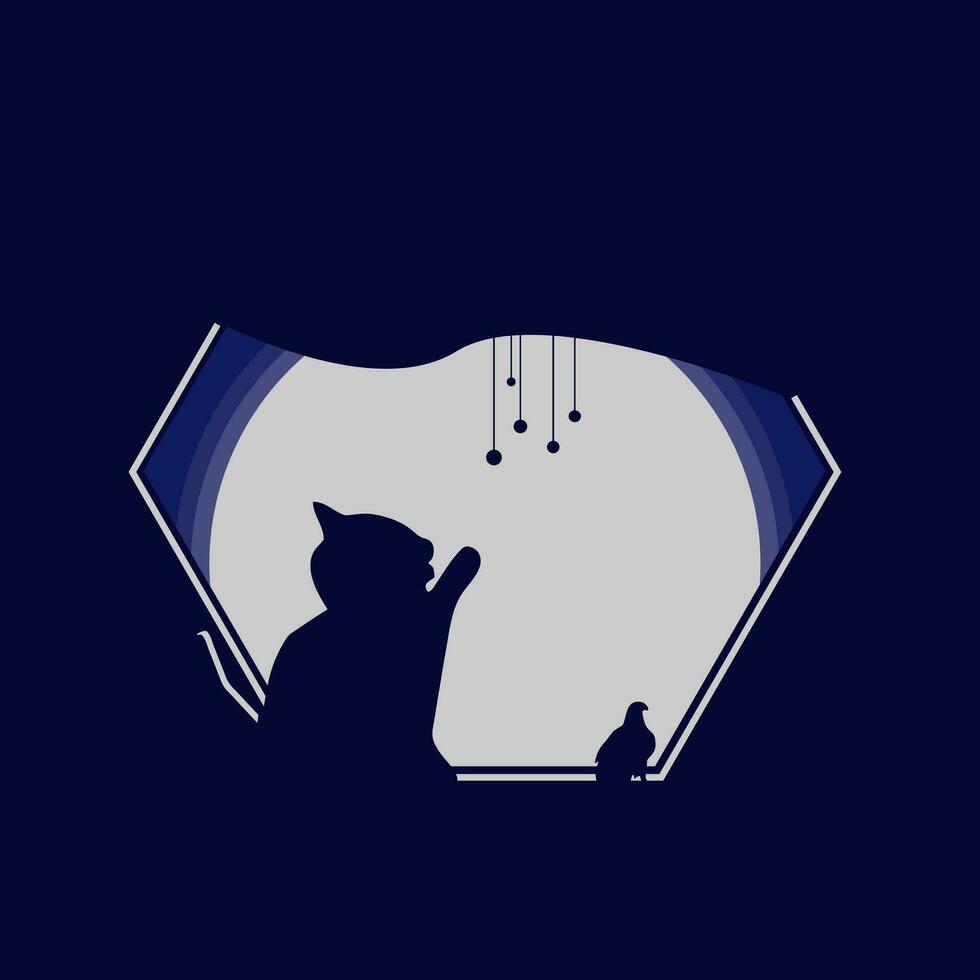 cat and dove are in the window with the moon shining in the quiet night vector
