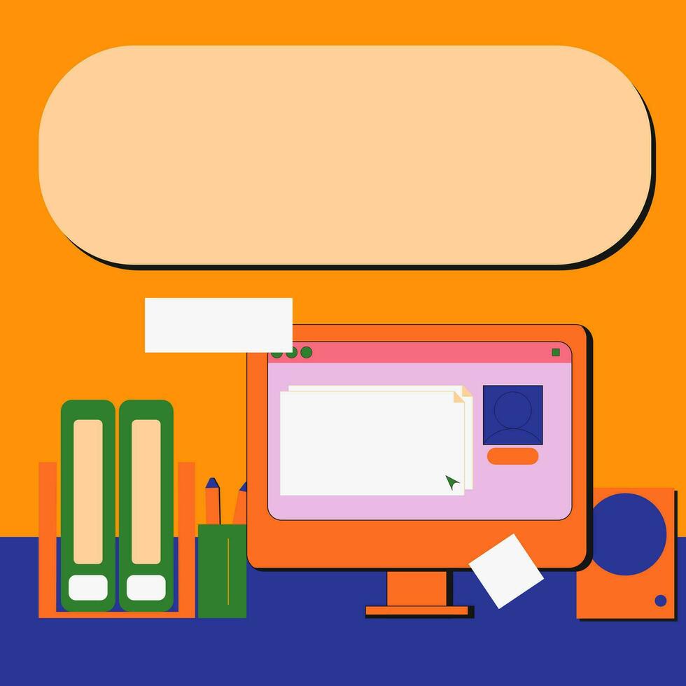 computadora escritorio lugar de trabajo concepto, plano diseño vector ilustración en retro colores