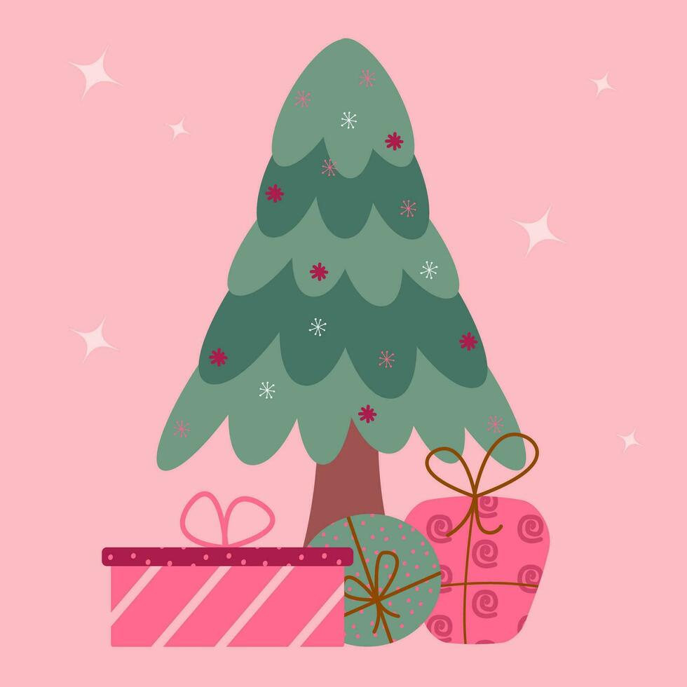 Christmas card with fir tree and gifts on pink background vector