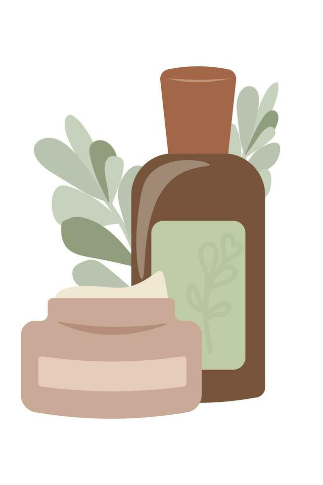 Set of organic natural cosmetics. Face and body care. Cream and elk in cartoon style vector