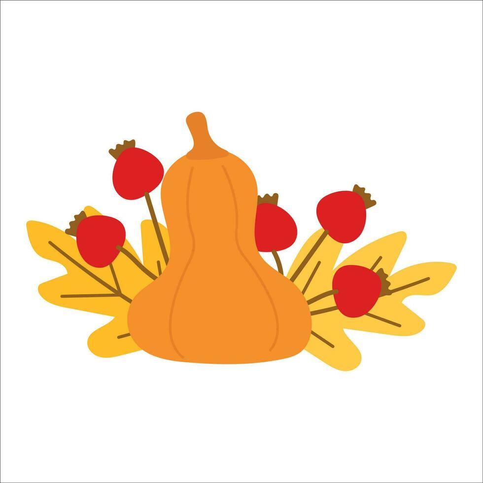 Autumn composition with pumpkin, leaves, berries. Bright isolated illustration vector