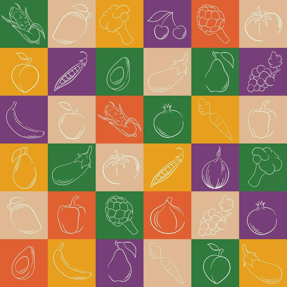 Fruits and vegetables geometric seamless pattern in line art style. Organic natural food background creative design. Vector illustration.