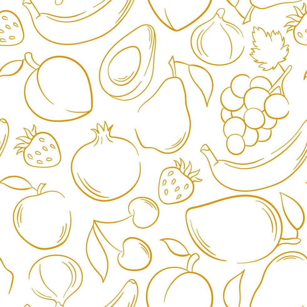 frutas sin costura modelo antecedentes en línea Arte estilo. fresa, uvas, banana, palta, granada, cereza, pera, durazno. mano dibujado vector ilustración.