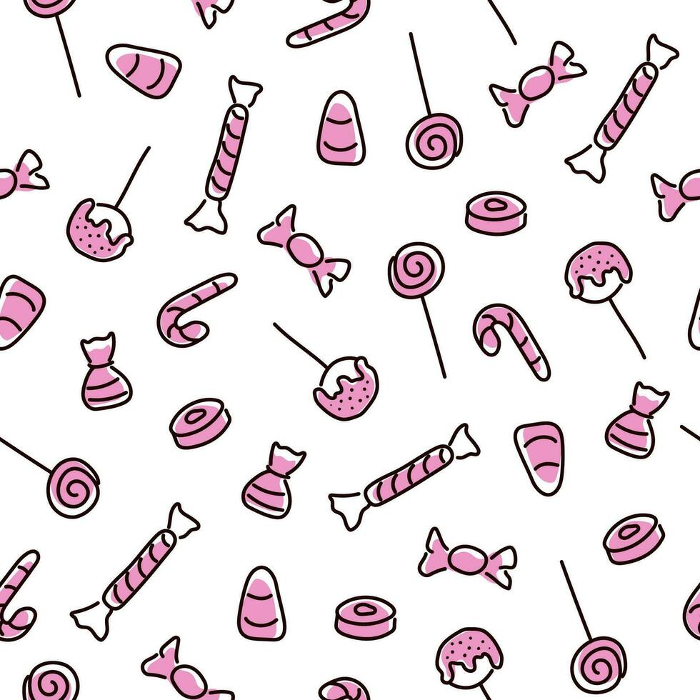 Halloween seamless pattern with candy. Doodle style with pink color. Line art pattern with sweets for Halloween. For textiles, wrapping paper, gift paper, fabric. Vector illustration isolated on a