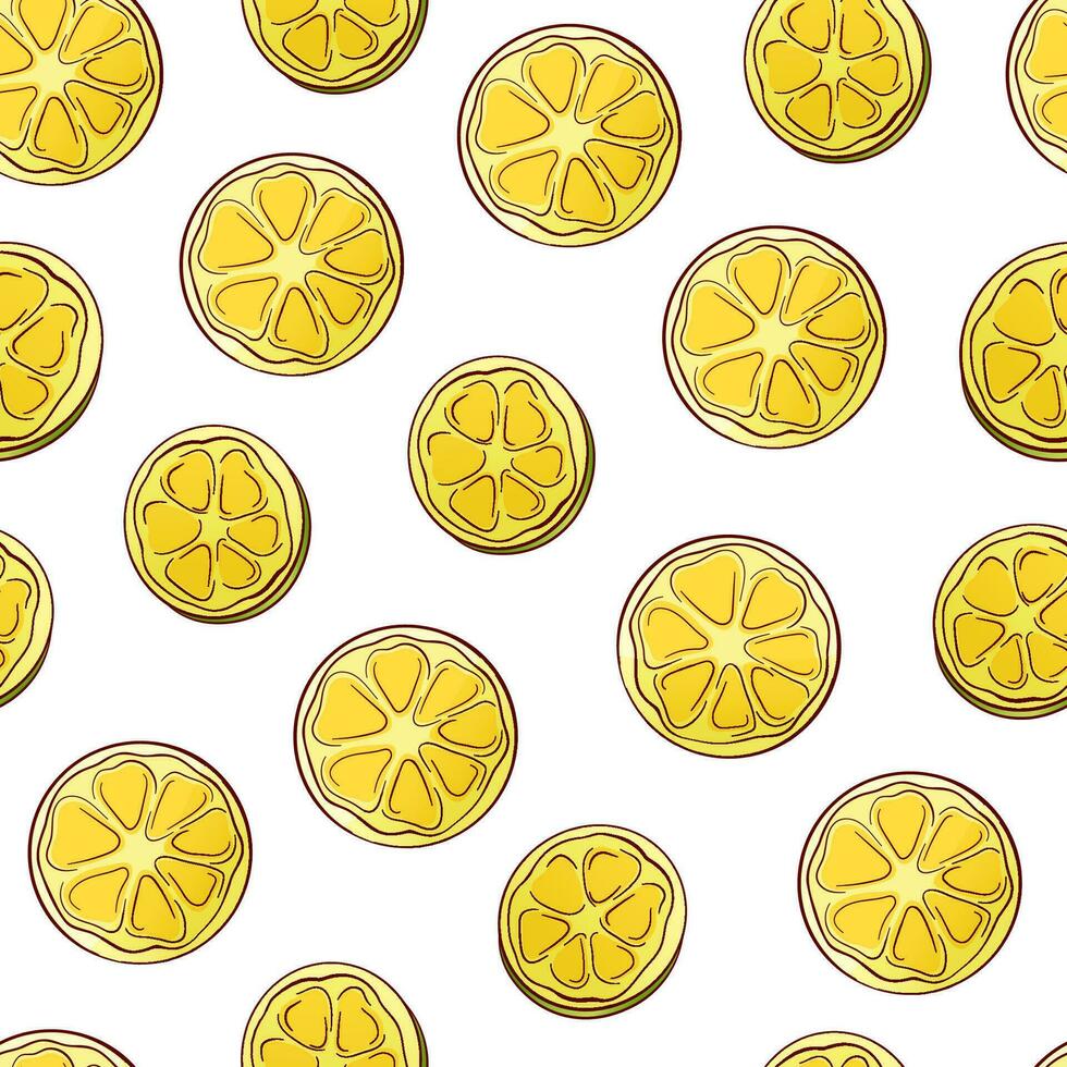 Lemon and lime seamless pattern in cartoon style. Slice citrus on a white background. Tropical fruits. Vector illustration.
