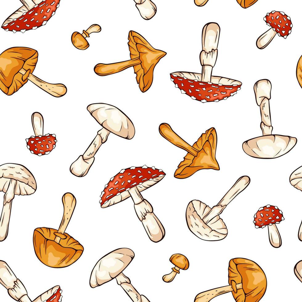 Seamless pattern with inedible mushrooms in cartoon, line art style. For wrapping paper, wallpaper, textiles, background. Vector illustration isolated on a white background.