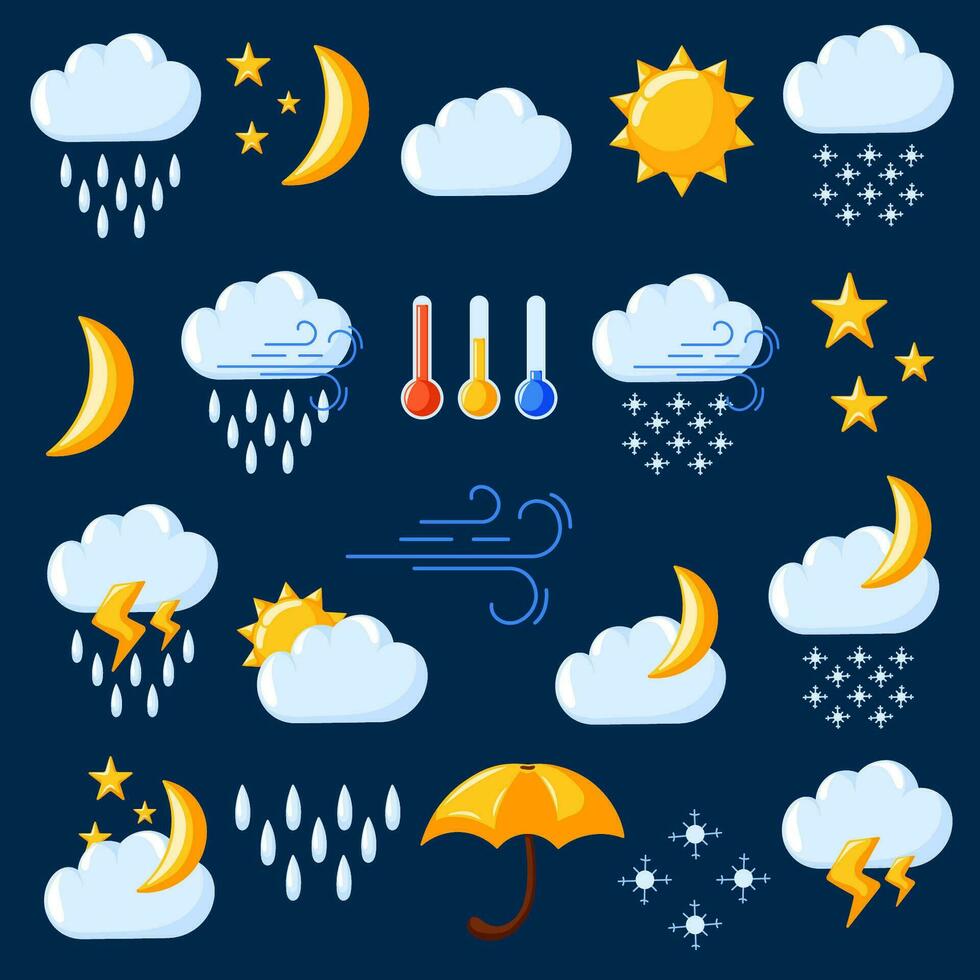 Weather symbols in cartoon style. Elements for weather forecast. Thunderstorm, lightning, rain, showers, cloud, drops, wind, cold and warm thermometer. Vector illustration isolated.