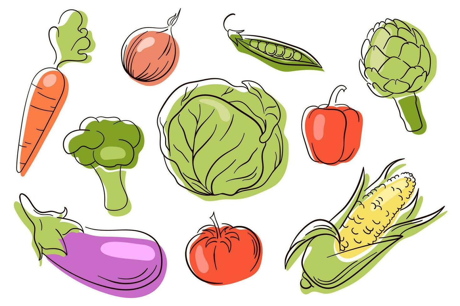 Vector vegetables icons set in line art style. Collection farm product. Flat icons of eggpant, artichoke, corn, cabbage. Vegetarian healthy food.