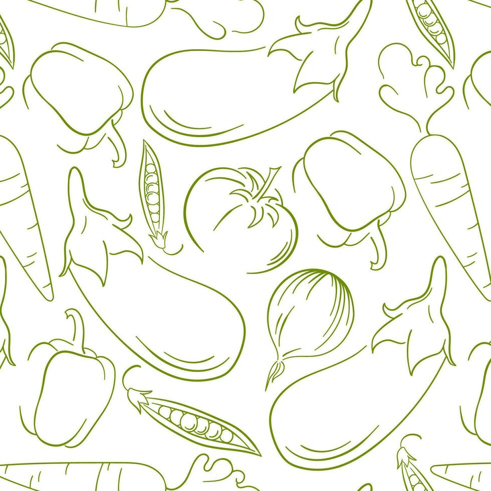 Vegetables seamless pattern in line art style. Healthy eating tomato, carrot, pepper, eggplant, peas, onion. Green color. Vector illustration isolated on a white background.