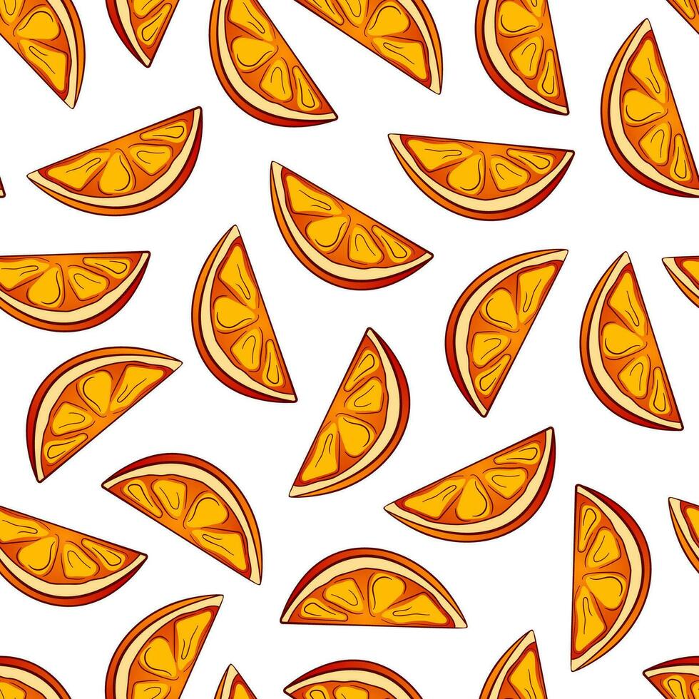 Orange sliced seamless pattern in cartoon style. Organic healthy tropical fruit background. Vector illustration.
