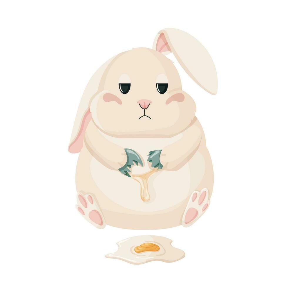 Spring easter bunny. Easter bunny sitting with a broken egg. vector