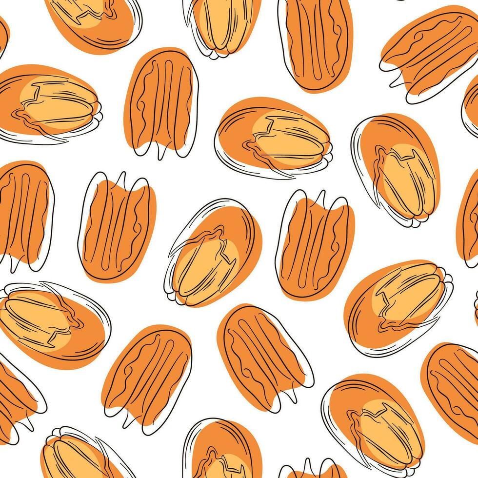 Pecan line art style seamless pattern. Pecan nuts on white background. Vector illustration.