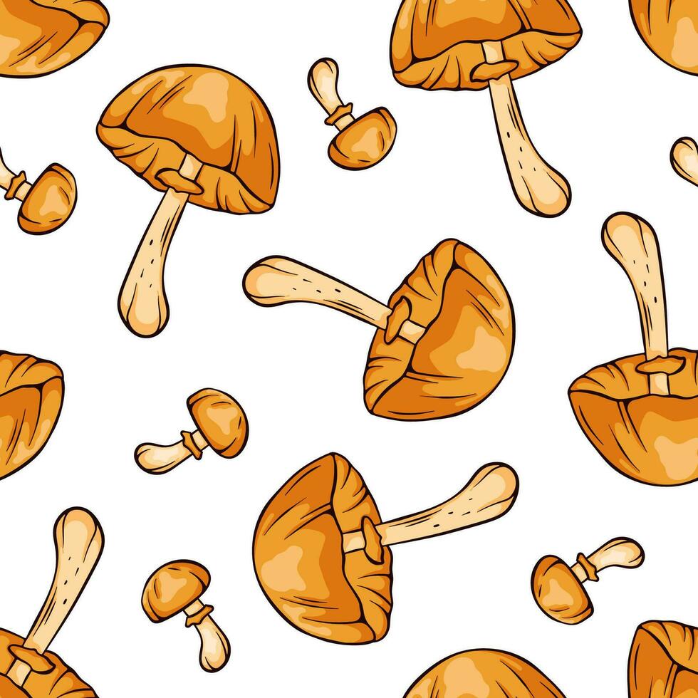 Autumn Skullcap inedible mushrooms seamless pattern in cartoon, line art style. Pattern for wrapping paper, fabric, design. Vector illustration isolated on a white background.