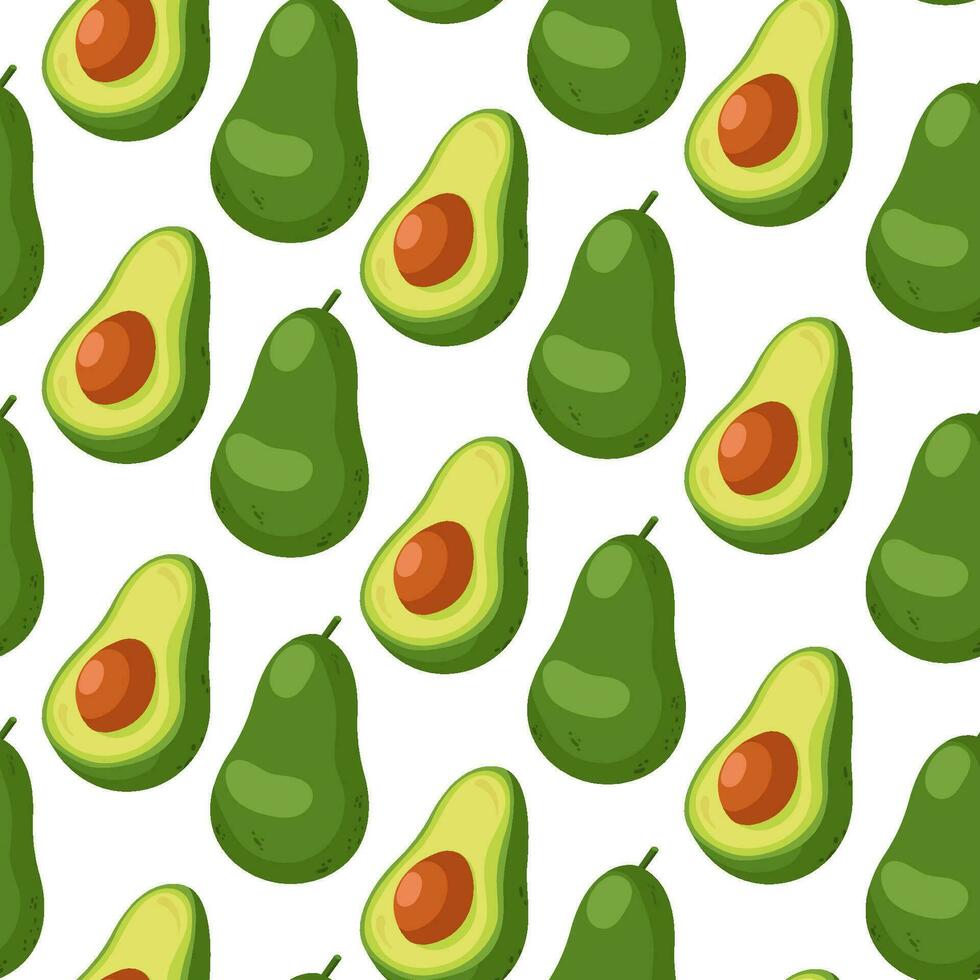 aguacate sin costura modelo. aguacate uno cortar en medio con hueso en blanco antecedentes. dibujos animados ilustración. vector