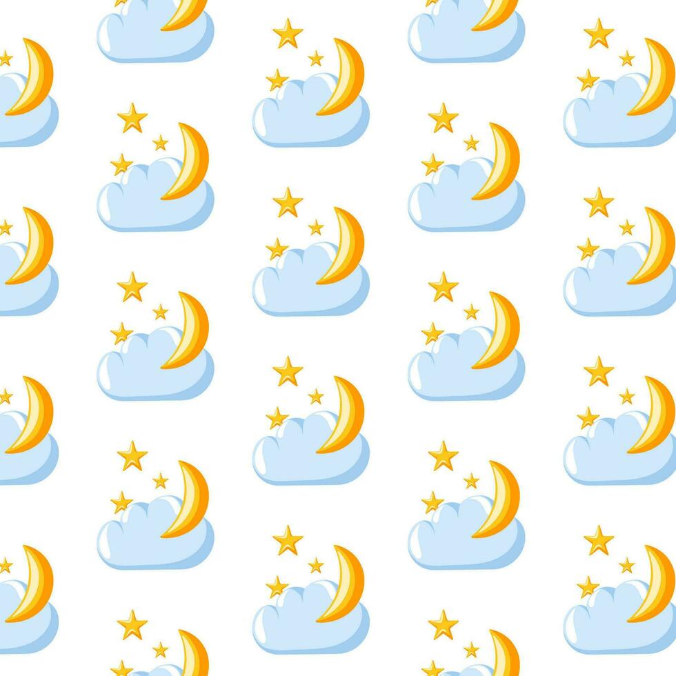 nube con Luna y estrellas sin costura modelo. dibujos animados estilo. diseño para niños dormitorio, cama lino, embalaje. vector ilustración en un blanco antecedentes.