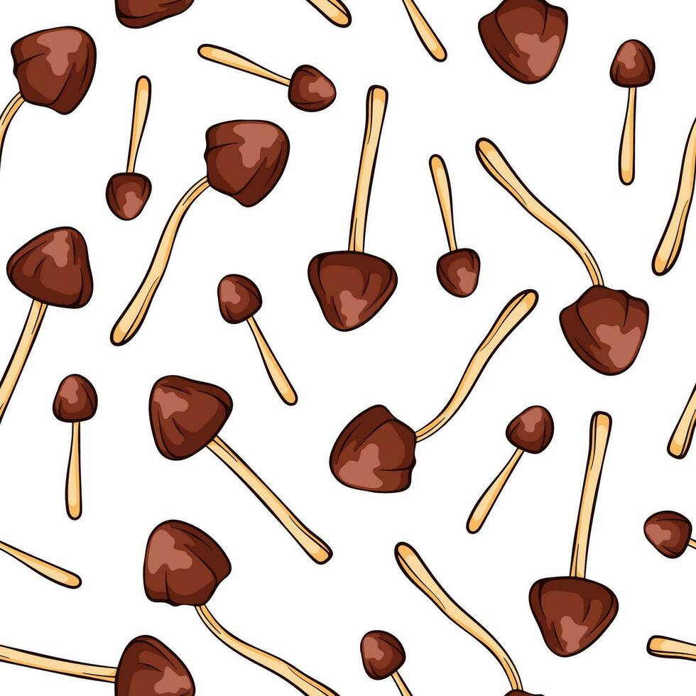 Conocybe Filaris inedible mushrooms vector seamless pattern in line art, cartoon style. Great for label, packaging. Vector illustration isolated on a white background.