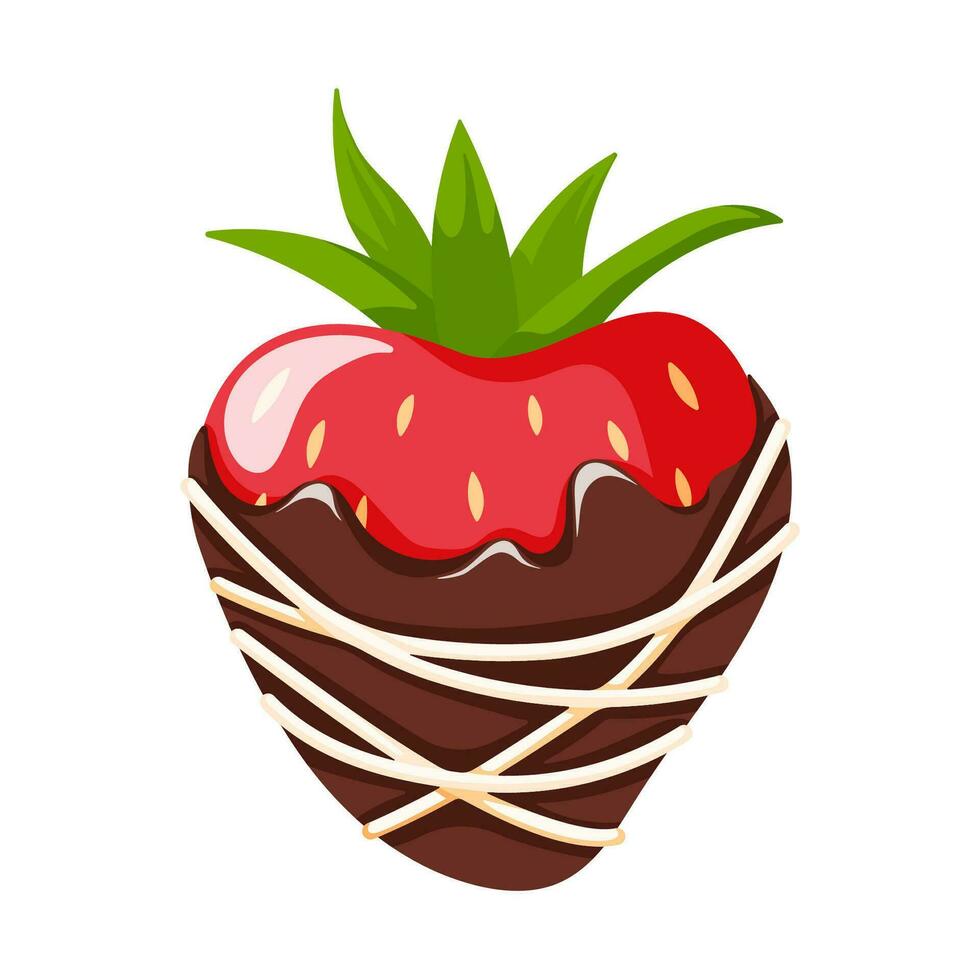 Fresh strawberry covered by liquid chocolate dripping. Cartoon style. Vector illustration isolated on a white background.