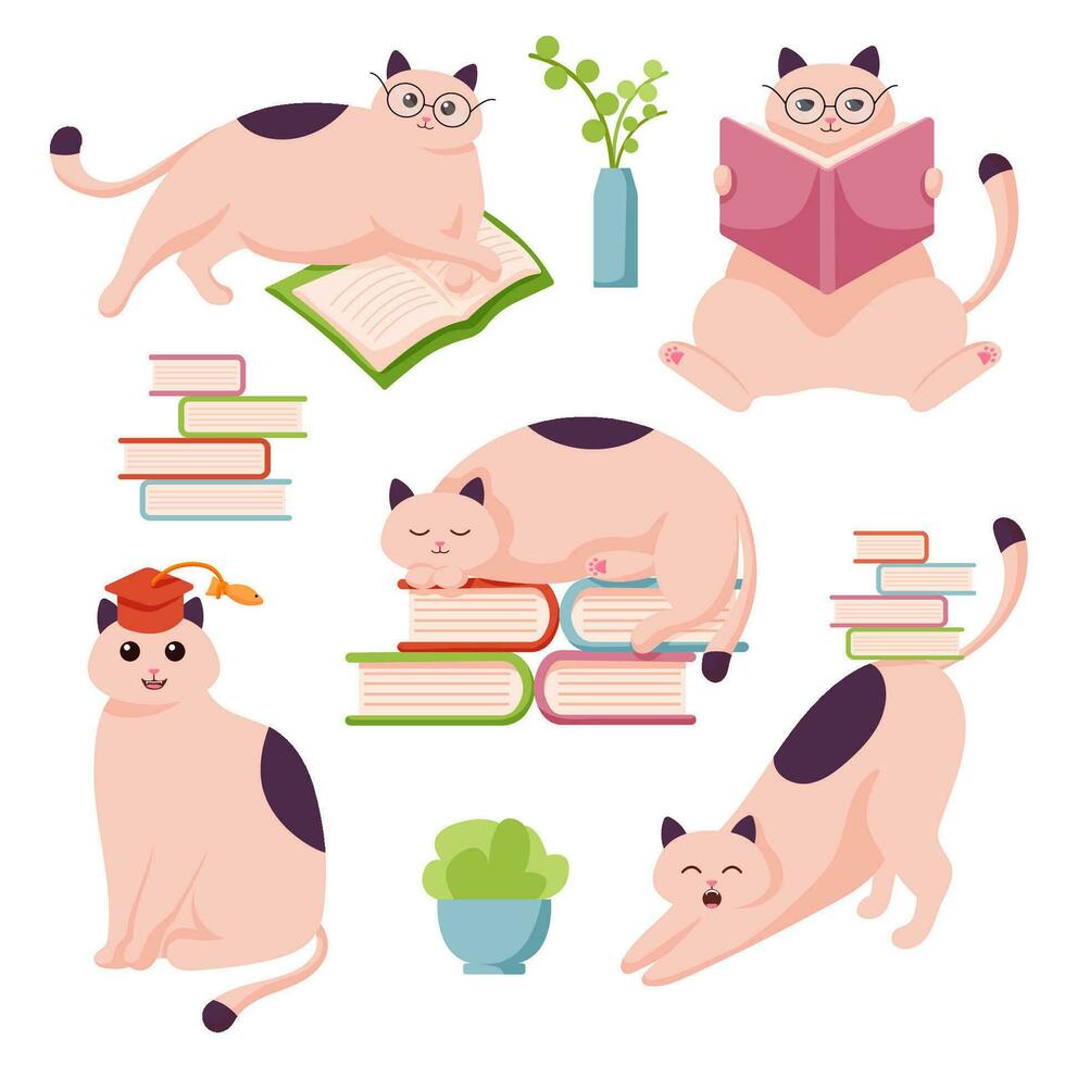 Cat character study flat collection. Set of smart cat characters reading a book. Cartoon design style vector illustration.
