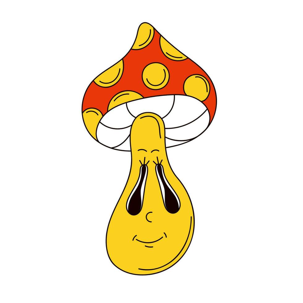 Psychedelic mushroom character in groovy style. Fly agaric cartoon. Vector illustration isolated on a white background.