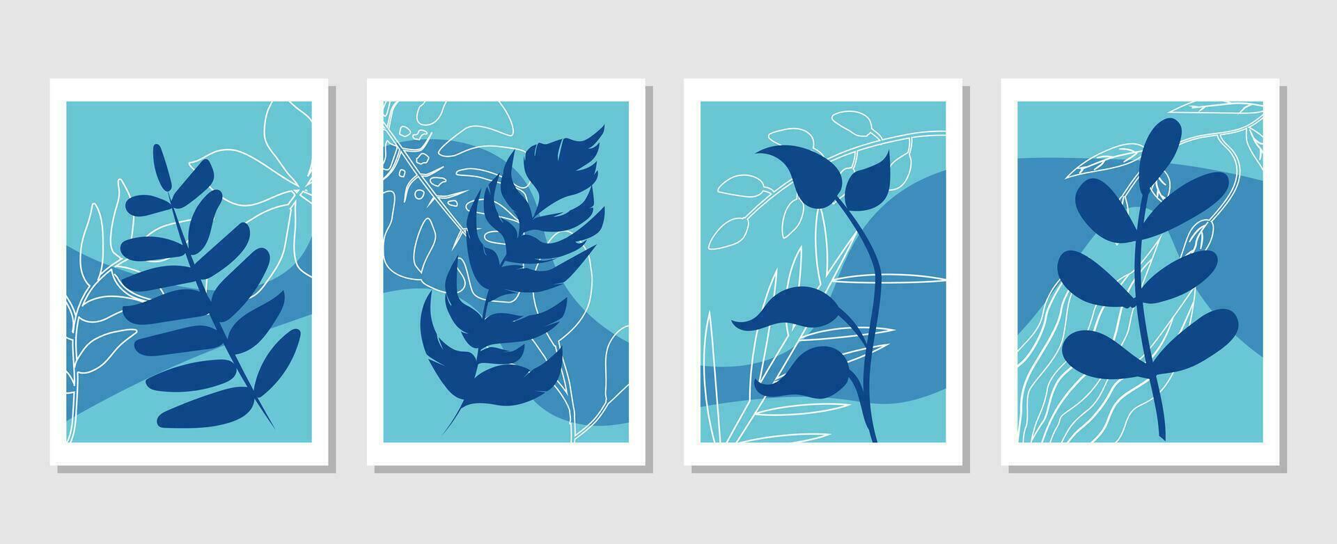Set of vector abstract creative backgrounds with tropical leaves. Hand Drawn textures for wall decoration, postcard or brochure cover design.