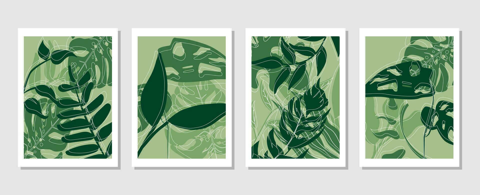 Set of vector abstract creative backgrounds with tropical leaves. Hand Drawn textures for wall decoration, postcard or brochure cover design.